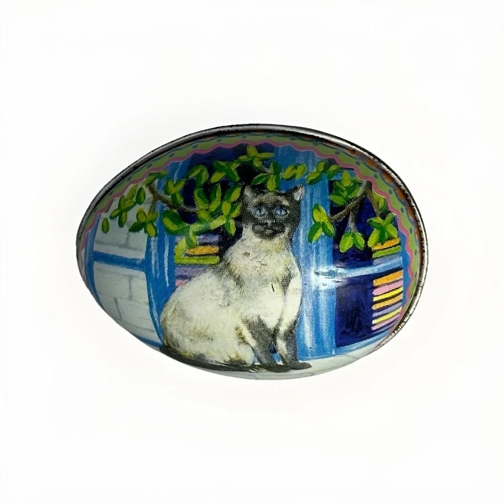 Vintage Cat Tin Egg Trinket Box – Siamese Cat Illustration, Rustic Cottage Decor